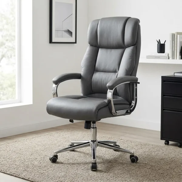 Director's gray executive office chair featuring a high-back design with plush segmented leatherette padding, padded armrests on chrome frames, pneumatically adjustable height controls, and a polished chrome five-star swivel base with caster wheels.