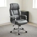 Director's gray executive office chair featuring a high-back design with plush segmented leatherette padding, padded armrests on chrome frames, pneumatically adjustable height controls, and a polished chrome five-star swivel base with caster wheels.