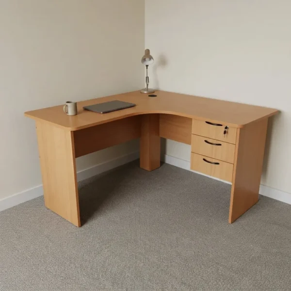 1.4m L-shaped office desk featuring a light oak wood-grain laminate finish, a curved corner desktop with an integrated cable grommet, wooden modesty panels, and an attached right-hand 3-drawer storage pedestal with dark curved handles and a key lock.