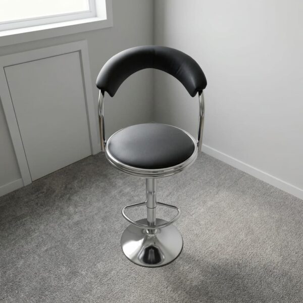 Black modern leather barstool featuring a padded round seat cushion and a curved low-backrest upholstered in black leatherette, supported by a polished chrome frame, an integrated semi-circular footrest, gas-lift height adjustment, and a rounded pedestal base.