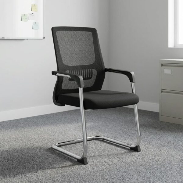 Medium back ergonomic waiting chair featuring a breathable black mesh backrest with integrated lumbar support, a padded fabric seat cushion, fixed armrests with black pads, and a chrome sled base with anti-slip floor glides.