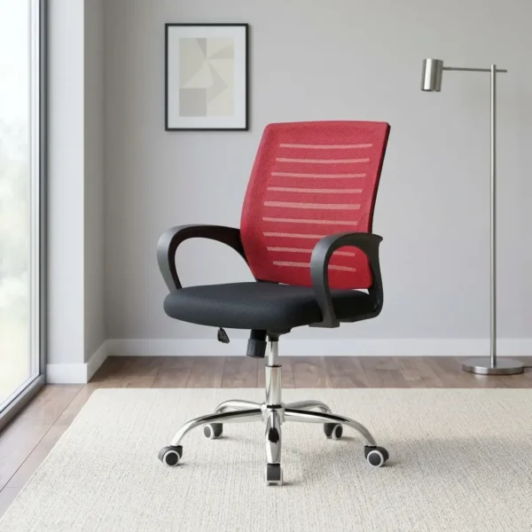 Red mesh office chair featuring a vibrant red striped mesh mid-backrest, a padded black fabric seat cushion, curved black plastic armrests, pneumatically adjustable seat height, and a polished chrome five-star swivel base with dual-wheel caster wheels.