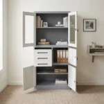 Lockable office cabinet with safe featuring a dual-tone charcoal grey and white powder-coated steel frame, upper framed glass-door display compartments, a middle section with three drawers alongside a lockable internal safe compartment, and lower double solid steel door lockable storage.