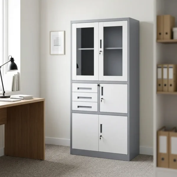 Lockable steel cabinet with safe featuring a dual-tone light grey and off-white powder-coated steel frame, upper framed glass-door display compartments with key lock, a middle section with three drawers alongside a lockable internal safe compartment, and lower double solid steel door lockable storage.