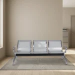 Non-padded steel waiting bench featuring a 3-seater design with perforated silver metallic seats and backrests, curved chrome armrests, a sturdy crossbar beam support, and angled chrome legs with non-marking foot glides.