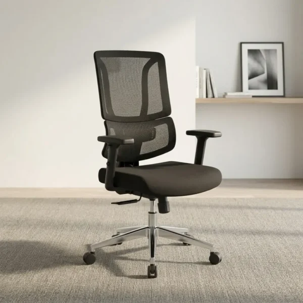 Mid-back orthopedic office chair featuring a breathable black mesh backrest with an adjustable lower lumbar support panel, a contoured padded fabric seat, height-adjustable T-shaped armrests, pneumatic seat height adjustment controls, and a polished metallic five-star swivel base with caster wheels.