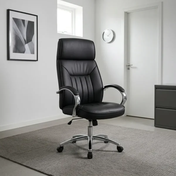 Black leather office seat featuring a high-back design upholstered in black leatherette with vertical channel stitching, padded loop armrests on polished chrome frames, pneumatic seat height adjustment controls, and a chrome five-star swivel base with caster wheels.