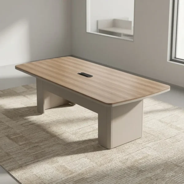 2400mm wooden conference table featuring a light natural wood-grain desktop with rounded corners, a central recessed cable management box, and robust dual panel-style pedestal bases in a beige finish.