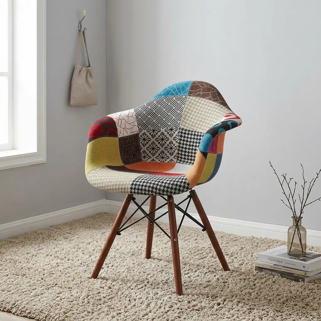 download - 2026-07-26T085257.814 Eames-style patchwork armchair featuring a molded shell seat upholstered in vibrant multi-patterned fabric patchwork with integrated curved armrests, supported by dark wood legs and black metal Eiffel wire bracing.