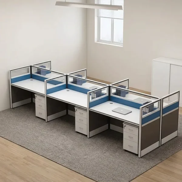 6-way office workstation featuring six light grey desktop surfaces arranged face-to-face, framed partition screens with blue fabric and glass top panels, side modesty panels, and six under-desk white three-drawer mobile pedestals.