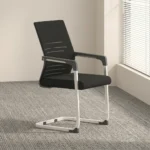 Mesh office boardroom chair featuring a black mesh backrest with horizontal linear accents, a black fabric padded seat cushion, dark grey fixed armrest pads, and a white powder-coated metal cantilever sled base.