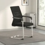 Mesh office boardroom chair featuring a black mesh backrest with horizontal linear accents, a black fabric padded seat cushion, dark grey fixed armrest pads, and a white powder-coated metal cantilever sled base.