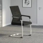 Mesh office boardroom chair featuring a black mesh backrest with horizontal linear accents, a black fabric padded seat cushion, dark grey fixed armrest pads, and a white powder-coated metal cantilever sled base.