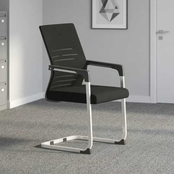 Mesh office boardroom chair featuring a black mesh backrest with horizontal linear accents, a black fabric padded seat cushion, dark grey fixed armrest pads, and a white powder-coated metal cantilever sled base.