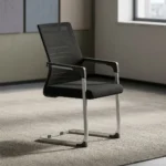 Mesh office boardroom chair featuring a black mesh backrest with horizontal linear accents, a black fabric padded seat cushion, dark grey fixed armrest pads, and a white powder-coated metal cantilever sled base.