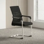 Mesh office boardroom chair featuring a black mesh backrest with horizontal linear accents, a black fabric padded seat cushion, dark grey fixed armrest pads, and a white powder-coated metal cantilever sled base.