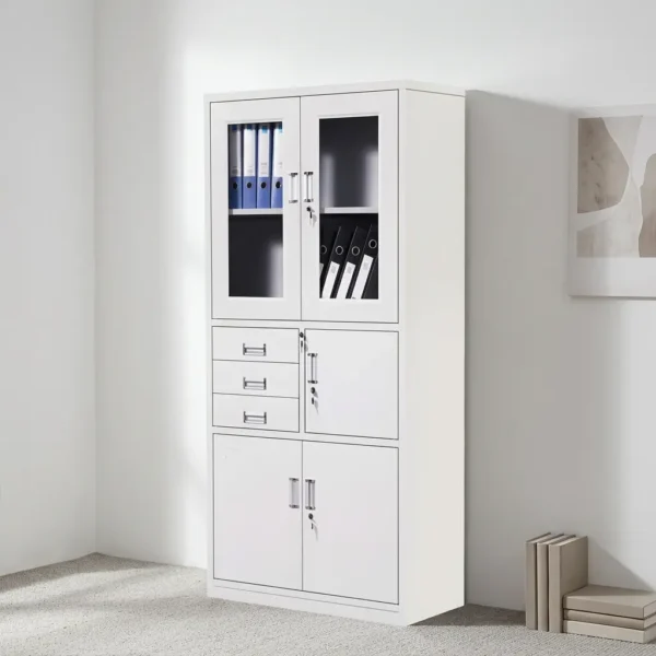 Lockable office cabinet with safe featuring an all-white powder-coated steel construction, upper glass-panel double doors with internal shelving, a middle section with three stacked pull-out drawers alongside a lockable single-door safe compartment, and a lower set of lockable solid double doors.
