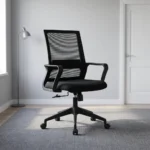 Captain mesh office chair featuring a breathable black mesh backrest with integrated lumbar support, a contoured black fabric padded seat cushion, fixed loop armrests, a pneumatic height adjustment lever, and a black five-star swivel base with dual-wheel caster wheels.