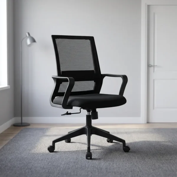 Captain mesh office chair featuring a breathable black mesh backrest with integrated lumbar support, a contoured black fabric padded seat cushion, fixed loop armrests, a pneumatic height adjustment lever, and a black five-star swivel base with dual-wheel caster wheels.