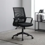 Captain mesh office chair featuring a breathable black mesh backrest with integrated lumbar support, a contoured black fabric padded seat cushion, fixed loop armrests, a pneumatic height adjustment lever, and a black five-star swivel base with dual-wheel caster wheels.