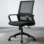 Captain mesh office chair featuring a breathable black mesh backrest with integrated lumbar support, a contoured black fabric padded seat cushion, fixed loop armrests, a pneumatic height adjustment lever, and a black five-star swivel base with dual-wheel caster wheels.