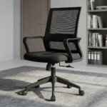 Captain mesh office chair featuring a breathable black mesh backrest with integrated lumbar support, a contoured black fabric padded seat cushion, fixed loop armrests, a pneumatic height adjustment lever, and a black five-star swivel base with dual-wheel caster wheels.