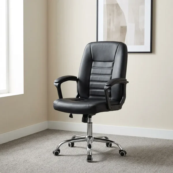 Medium back leather executive office seat featuring black leatherette upholstery with horizontal stitched detailing, curved padded loop armrests, a pneumatic height control lever, and a chrome five-star swivel base with dual-wheel caster wheels.