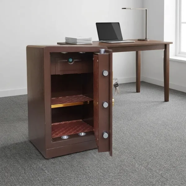 80kgs fireproof safe box featuring a heavy-duty dark brown metallic casing, a thick door secured by multiple chrome locking bolts, a top internal lockbox drawer, a gold-trimmed adjustable shelf, and a fully lined interior.