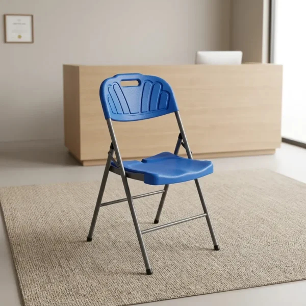 Blue plastic foldable chair featuring a molded blue plastic seat and fan-back backrest with an integrated carrying handle, supported by a dark grey powder-coated tubular steel folding frame.