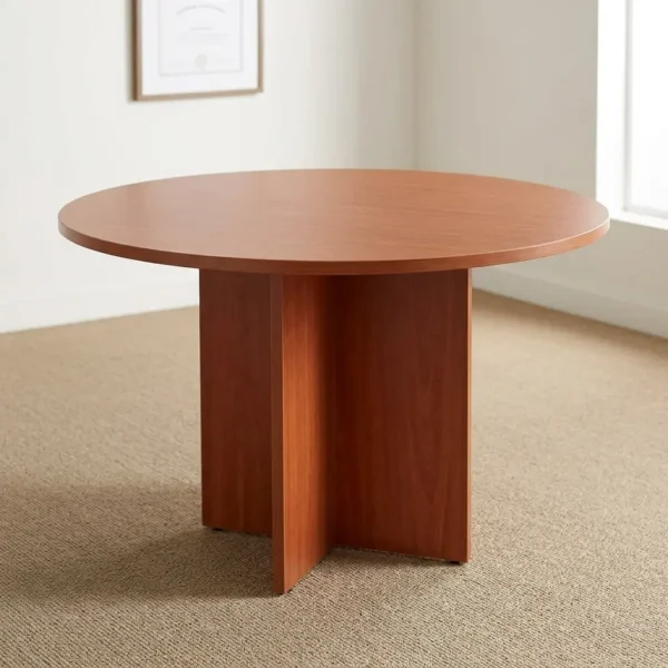 1.2m round meeting table featuring a circular warm cherry wood-grain tabletop supported by a matching cross-shaped pedestal base.