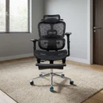 Orthopedic office chair with footrest featuring full black mesh upholstery, an adjustable curved headrest, split dual-backrest ergonomic lumbar support, 3D adjustable armrests, a fold-away padded leg rest, and a polished chrome five-star base with blue accent swivel casters.