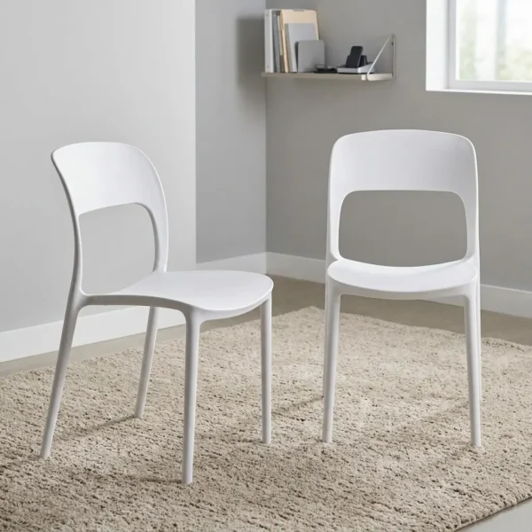 White plastic stackable chair featuring a minimalist molded matte white polypropylene single-piece construction, curved backrest with a lower rectangular cutout, contoured seat, and integrated tapered legs.