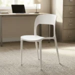 White plastic stackable chair featuring a minimalist molded matte white polypropylene single-piece construction, curved backrest with a lower rectangular cutout, contoured seat, and integrated tapered legs.