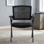 Mesh foldable study chair featuring a breathable black mesh backrest, padded black fabric seat, integrated flat armrests, and a sturdy black powder-coated steel folding frame.