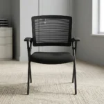 Mesh foldable study chair featuring a breathable black mesh backrest, padded black fabric seat, integrated flat armrests, and a sturdy black powder-coated steel folding frame.