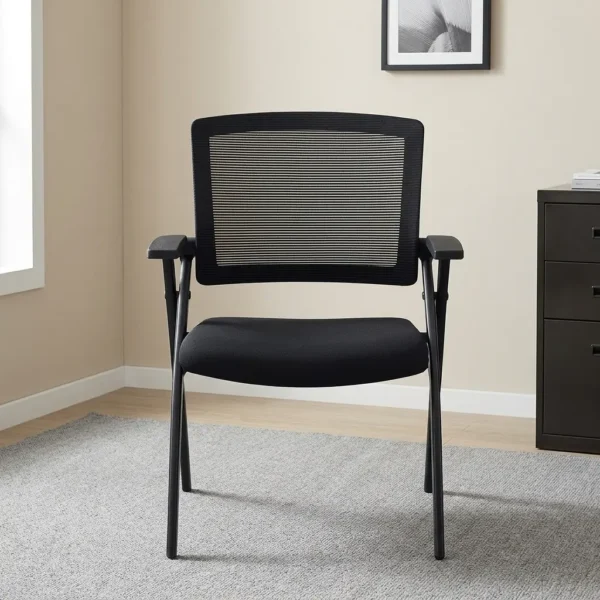 Mesh foldable study chair featuring a breathable black mesh backrest, padded black fabric seat, integrated flat armrests, and a sturdy black powder-coated steel folding frame.