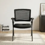 Mesh foldable study chair featuring a breathable black mesh backrest, padded black fabric seat, integrated flat armrests, and a sturdy black powder-coated steel folding frame.