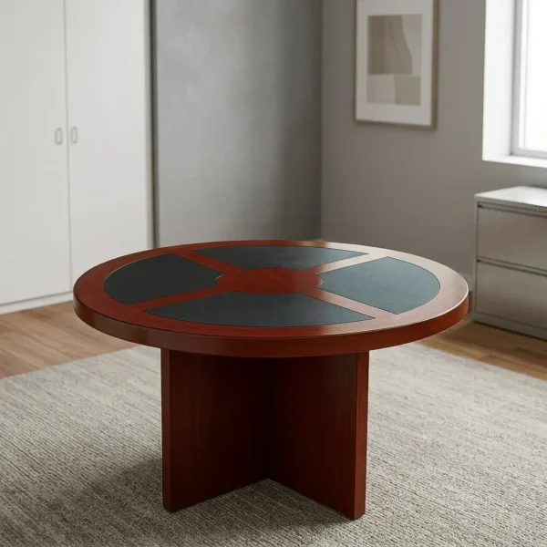 Round meeting conference table featuring a rich mahogany wood-grain tabletop with segmented dark leatherette writing pads, an elegant central inlay design, and a solid matching cross-shaped pedestal base.