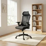 High-back ergonomic office seat featuring a breathable black mesh backrest, contoured dark grey padded seat, adjustable curved headrest, integrated lumbar support, 3D adjustable armrests, and a black five-star nylon base on dual-wheel swivel casters.