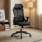 High-back ergonomic office seat featuring a breathable black mesh backrest, contoured dark grey padded seat, adjustable curved headrest, integrated lumbar support, 3D adjustable armrests, and a black five-star nylon base on dual-wheel swivel casters.
