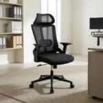 High-back ergonomic office seat featuring a breathable black mesh backrest, contoured dark grey padded seat, adjustable curved headrest, integrated lumbar support, 3D adjustable armrests, and a black five-star nylon base on dual-wheel swivel casters.