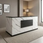 1.8m reception office desk featuring a white marble finish with dramatic dark grey veining, a high transaction counter top, a central black accent front panel, a black inner work surface with cable pass-through grommets, keyboard tray, upper shelf storage, and an integrated side storage unit with a drawer and cabinet.