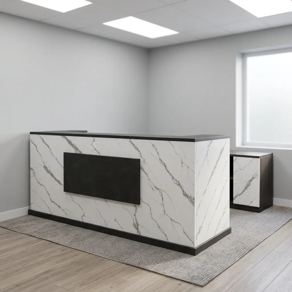 1.6m reception office table featuring a white marble finish with dark grey veining, a high transaction counter ledge, a black inner desktop equipped with cable management grommets, a keyboard tray, open upper shelving, and an integrated side storage unit with a drawer and cabinet.