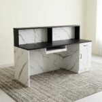 1.8m reception office desk featuring a white marble finish with dramatic dark grey veining, a high transaction counter top, a central black accent front panel, a black inner work surface with cable pass-through grommets, keyboard tray, upper shelf storage, and an integrated side storage unit with a drawer and cabinet.