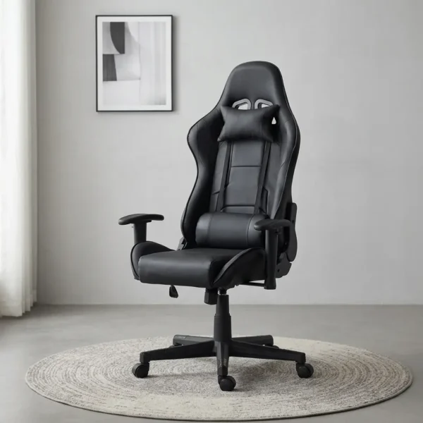 Adjustable black gaming chair featuring all-black leatherette upholstery, high-back racing-style ergonomic design, removable headrest pillow and lumbar cushion, adjustable armrests, and a black five-star nylon base on smooth-rolling casters.