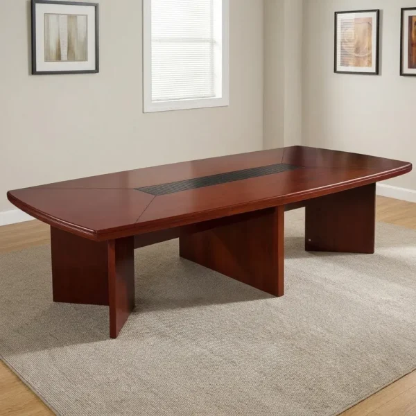 3500mm conference meeting table featuring a rich mahogany wood-grain finish, boat-shaped tabletop with rounded corners, a central black slatted cable management channel, and three robust panel pedestal bases.