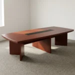 3000mm meeting conference table featuring a rich mahogany wood-grain finish, boat-shaped tabletop with rounded corners, a central black slatted cable management channel, and three robust panel pedestal bases.