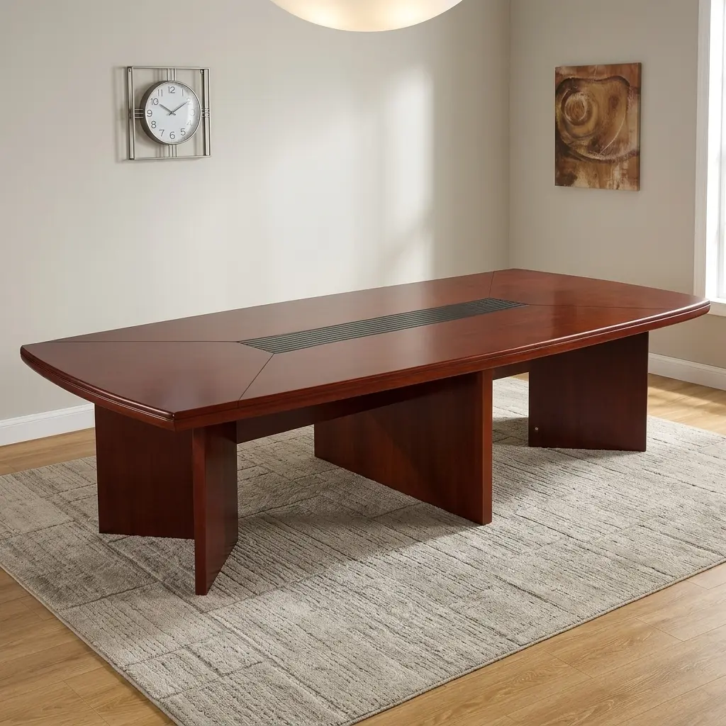 3000mm meeting conference table featuring a rich mahogany wood-grain finish, boat-shaped tabletop with rounded corners, a central black slatted cable management channel, and three robust panel pedestal bases. 3000mm meeting conference table featuring a rich mahogany wood-grain finish, boat-shaped tabletop with rounded corners, a central black slatted cable management channel, and three robust panel pedestal bases.