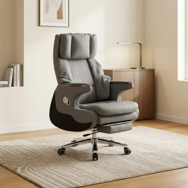 Managerial executive chair with footrest featuring plush grey leatherette upholstery, a high-back ergonomic design with an integrated segmented headrest cushion, padded armrests with chrome accents, a retractable fold-out leg rest, and a polished chrome five-star base on smooth-rolling dual-wheel casters.