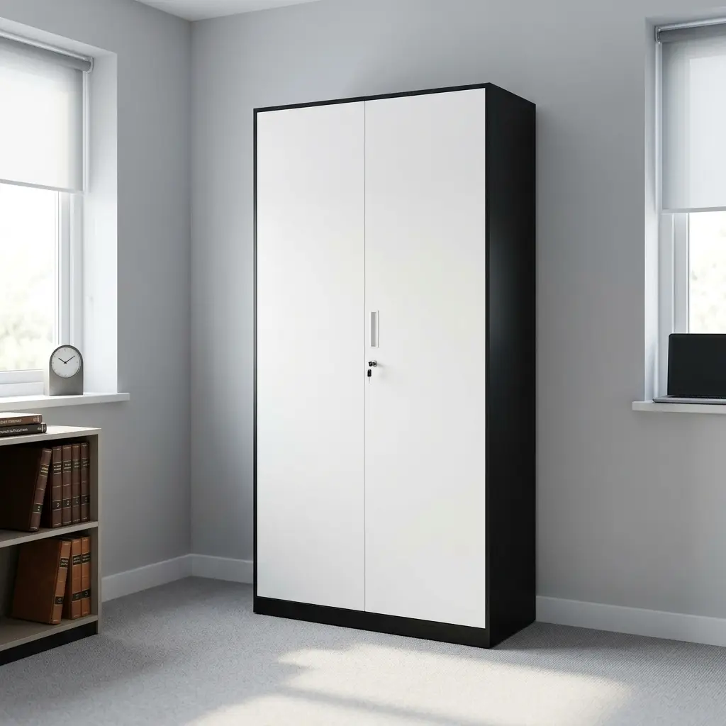 download - 2026-07-28T170239.324 2-door lockable office cabinet featuring a dark black outer frame, light grey full-length double doors, central vertical metallic pull handles, and a key-operated central locking mechanism.